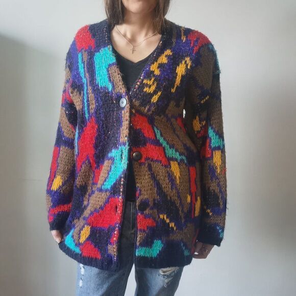 Alison H Sweaters - Fun fluffy & soft multicoloured 80s color block cardigan with oversize sleeves